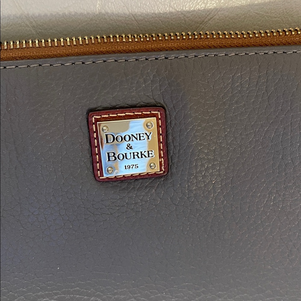 Dooney & Bourke Gray Leather Crossbody Bag Brown Strap & Gold Accents - Picture 2 of 6